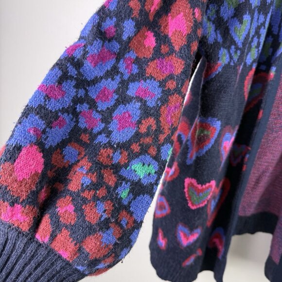 Farm Rio Ikat Dyed Hearts Cardigan Sweater Medium M Multicolor Balloon Sleeve - Picture 6 of 10